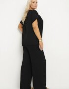  Compleu Negru cu Bumbac Bluză cu Încrețituri și Pantaloni Largi Jenindriela