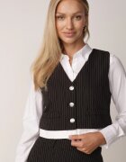  Compleu Negru cu Dungi Subțiri Fustă Plisată Vestă și Sacou Dassemi
