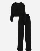  Compleu Negru de Bumbac Pantaloni Largi cu șnur în talie și Bluză cu Manșete Elastice Urionne