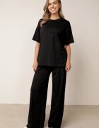  Compleu Negru Din Bumbac Bluză cu Despicături pe Laterale Pantaloni Largi cu Elastic în Talie Undrea