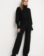  Compleu Negru Tricotat cu Viscoză Bluză guler înalt cu manșete elastice și Pantaloni largi Noridra