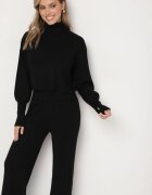  Compleu Negru Tricotat cu Viscoză Bluză guler înalt cu manșete elastice și Pantaloni largi Noridra