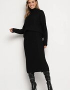  Compleu Negru Tricotat cu Viscoză cu Textură în Relief Pulover cu Guler Semi-Înalt și Fustă Atteris