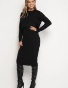  Compleu Negru Tricotat cu Viscoză Rochie Mulată Reiată și Pulover Asimetric Celerina