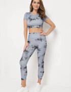  Compleu sport Gri cu model Tie-Dye Top cu mâneci scurte și Colanți Larvena