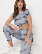  Compleu sport Gri cu model Tie-Dye Top cu mâneci scurte și Colanți Larvena