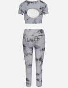  Compleu sport Gri cu model Tie-Dye Top cu mâneci scurte și Colanți Larvena