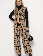  Compleu Tricotat Maro Imprimat leopard cu viscoză Vestă cu nasturi și Pantaloni cu elastic Tirtina