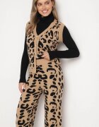  Compleu Tricotat Maro Imprimat leopard cu viscoză Vestă cu nasturi și Pantaloni cu elastic Tirtina