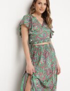  Compleu Verde din 2 piese cu model Paisley din Viscoză Fustă Maxi și Bluză petrecută Wabila