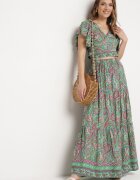  Compleu Verde din 2 piese cu model Paisley din Viscoză Fustă Maxi și Bluză petrecută Wabila