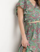  Compleu Verde din 2 piese cu model Paisley din Viscoză Fustă Maxi și Bluză petrecută Wabila