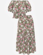  Compleu verde din 2 piese din bumbac cu imprimeu floral cu top și fustă Odeleti