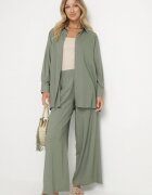  Compleu Verde din Viscoză Cămașă cu nasturi Pantaloni Largi cu talie elastică Tinasiam