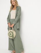  Compleu Verde din Viscoză Cămașă cu nasturi Pantaloni Largi cu talie elastică Tinasiam