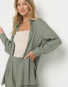  Compleu Verde din Viscoză Cămașă cu nasturi Pantaloni Largi cu talie elastică Tinasiam