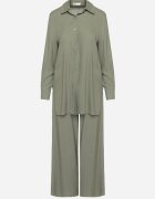  Compleu Verde din Viscoză Cămașă cu nasturi Pantaloni Largi cu talie elastică Tinasiam