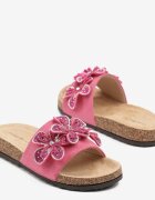 damerose Papuci Fucsia pe Talpă de Plută cu Flori Decorative cu Zirconii Liliene