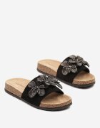 damerose Papuci Negre pe Talpă de Plută cu Flori Decorative cu Zirconii Liliene