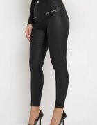 daysie Pantaloni negri Skinny din piele ecologică cu talie regulară și fermoare decorative Nalarian