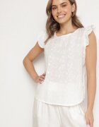 defox Bluză Albă de Bumbac Decorată cu Model Ajurat și Volane Ridiruna