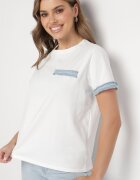 defox Bluză Albă Oversize din Bumbac cu Mânecă Scurtă și Borduri Decorative Calnil
