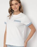 defox Bluză Albă Oversize din Bumbac cu Mânecă Scurtă și Borduri Decorative Calnil