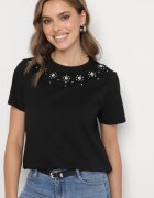 defox Bluză T-shirt Neagră din Bumbac Decorată cu Zirconii Marivista