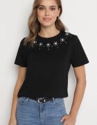 defox Bluză T-shirt Neagră din Bumbac Decorată cu Zirconii Marivista