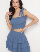 defox Compleu Albastru Elastic Top cu Bretele Legate și Fustă Evazată Evialia
