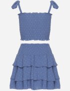 defox Compleu Albastru Elastic Top cu Bretele Legate și Fustă Evazată Evialia
