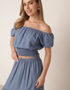defox Compleu Albastru pentru Vară din Vâscoză Bluză tip Carmen și Fustă Evazată Svaine