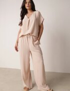 defox Compleu bej deschis din Viscoză Tricou cu mânecă scurtă și Pantaloni largi cu elastic cu buzunare Efraline