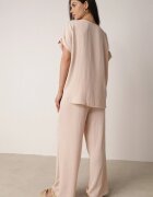 defox Compleu bej deschis din Viscoză Tricou cu mânecă scurtă și Pantaloni largi cu elastic cu buzunare Efraline