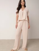 defox Compleu bej deschis din Viscoză Tricou cu mânecă scurtă și Pantaloni largi cu elastic cu buzunare Efraline