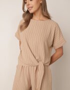 defox Compleu de vară în dungi bogat în vâscoză bluză cu tip cravată și pantaloni scurți Mazhola Bej