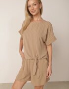 defox Compleu de vară în dungi bogat în vâscoză bluză cu tip cravată și pantaloni scurți Mazhola Bej închis