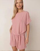 defox Compleu de vară în dungi bogat în vâscoză bluză cu tip cravată și pantaloni scurți Mazhola Roz