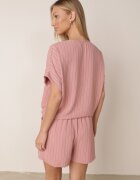 defox Compleu de vară în dungi bogat în vâscoză bluză cu tip cravată și pantaloni scurți Mazhola Roz