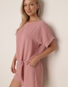 defox Compleu de vară în dungi bogat în vâscoză bluză cu tip cravată și pantaloni scurți Mazhola Roz