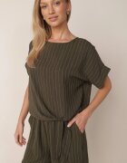 defox Compleu de vară în dungi bogat în vâscoză bluză cu tip cravată și pantaloni scurți Mazhola Verde închis