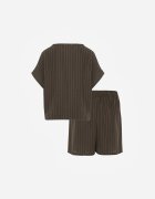defox Compleu de vară în dungi bogat în vâscoză bluză cu tip cravată și pantaloni scurți Mazhola Verde închis