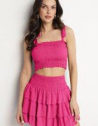 defox Compleu Fucsia din Bumbac Top cu Funde și Fustă cu Volane Saralva