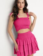 defox Compleu Fucsia din Bumbac Top cu Funde și Fustă cu Volane Saralva