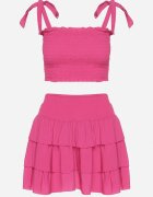 defox Compleu Fucsia din Bumbac Top cu Funde și Fustă cu Volane Saralva