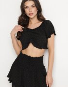 defox Compleu Negru din Țesătură Texturată Fustă-Pantaloni scurți și Bluză tip Carmen Sariloria