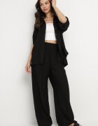 defox Compleu Negru din Viscoză Cămașă cu Mâneci Rulate și Pantaloni Largi Dormoi
