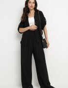 defox Compleu Negru din Viscoză Cămașă cu Mâneci Rulate și Pantaloni Largi Dormoi
