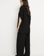 defox Compleu Negru din Viscoză Cămașă cu Mâneci Rulate și Pantaloni Largi Dormoi