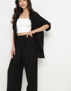 defox Compleu Negru din Viscoză Cămașă cu Mâneci Rulate și Pantaloni Largi Dormoi